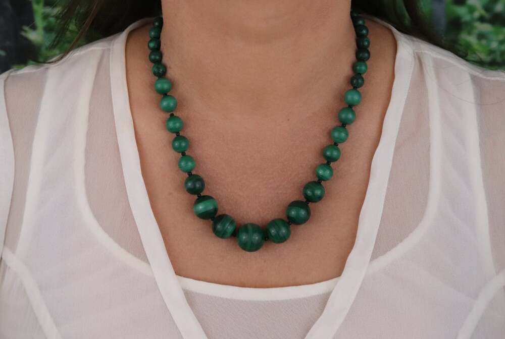 Sterling Silver Malchite & Onyx Bead Necklace 19 inch chain Designer Lee Sands - Picture 2 of 8